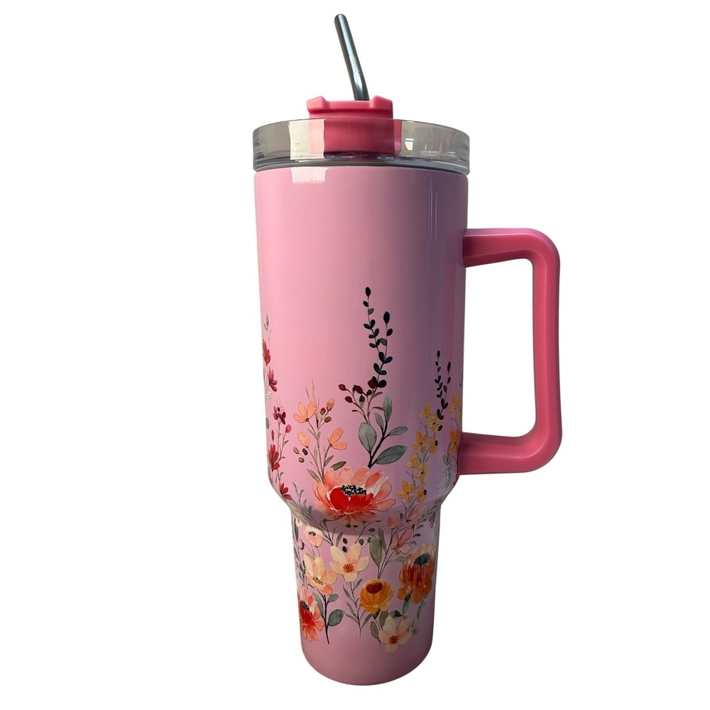 Siesta Drinkware Pink Floral Insulated 40oz Tumbler with Handle and Metal Straw